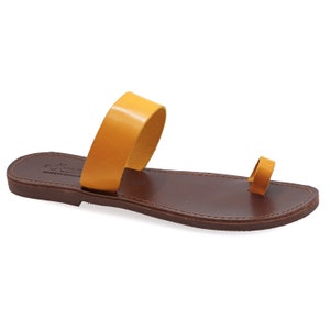 Yellow Mustard Leather Toe Ring Sandals Quality Slide on Summer Shoes for Women Open Toe Sliders Flat Strappy Sandals Boho Chic Mules