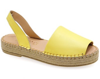 Bequeme gepolsterte gelbe Leder Espadrilles für Damen Medium Wedge Flatform Espadrille Slip On Plateau Peep Toe Sommerschuhe für Damen