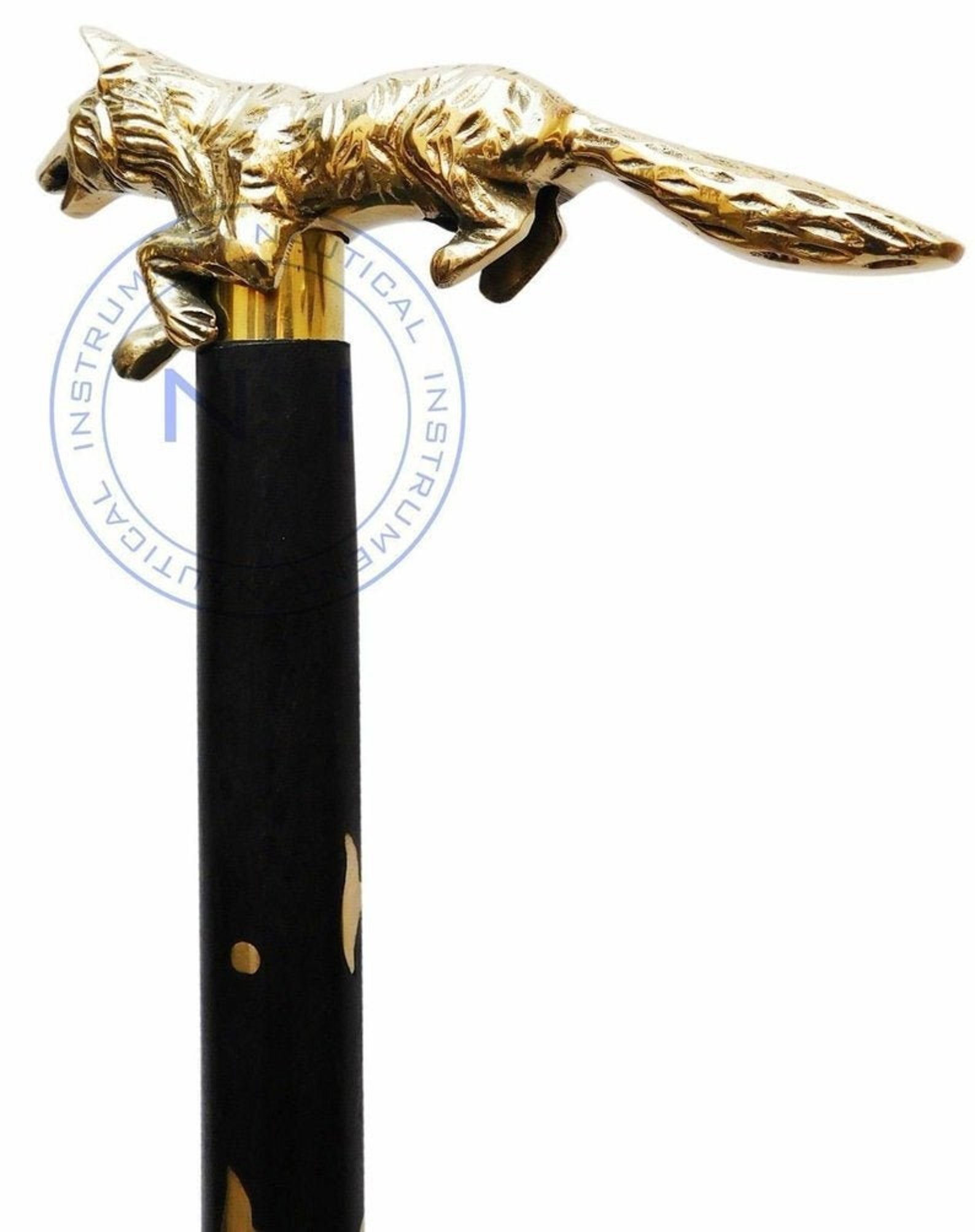 Solid Brass Walking Stick Fox Head Handle Black Wooden Etsy UK