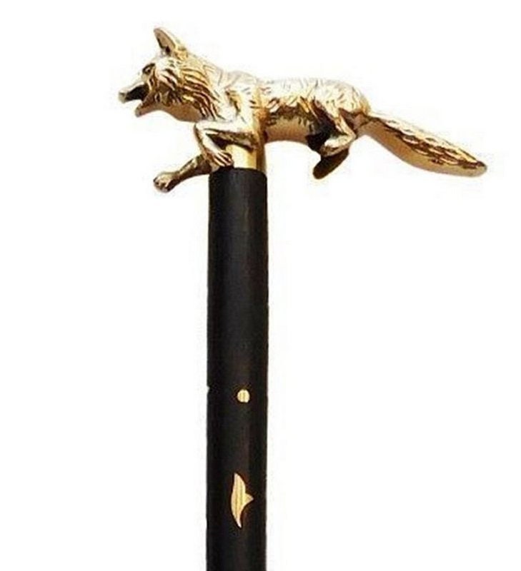 Solid Brass Walking Stick Fox Head Handle Black Wooden Etsy UK