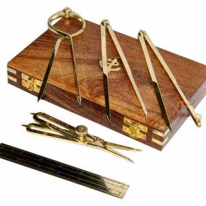 Nautical Brass Navigational tools proportional compass divider ruler & wooden box