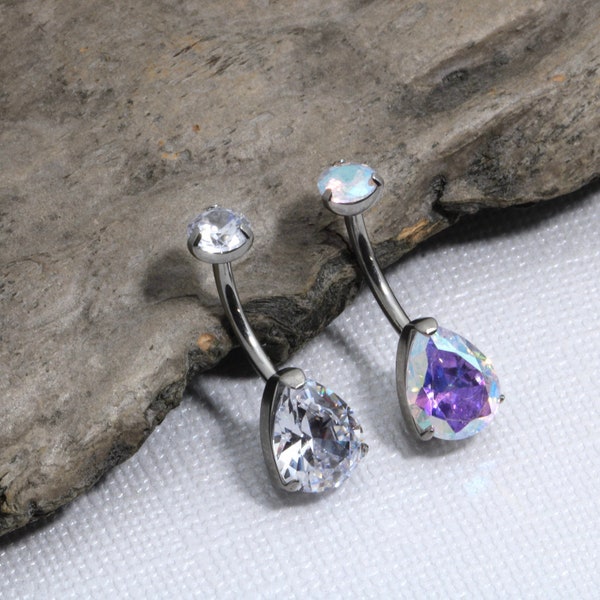 NEW Implant Grade 23 Titanium Internally Threaded Teardrop Cubic Zirconia Gem Belly Button Navel Ring, Crystal Belly Piercing