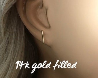 14k Gold Filled Bar Earring Studs - Everyday hypoallergenic Studs - 1mm Gold Bar Studs - Minimalist Dainty Earrings for Girls