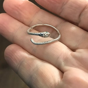 May include: A silver snake ring with a green gemstone eye.
