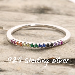 NEW 925 Sterling Silver Rainbow ring - Thin stacking wedding band - promise ring - lgbtq pride ring