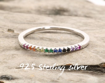 NEW 925 Sterling Silver Rainbow ring - Thin stacking wedding band - promise ring - lgbtq pride ring
