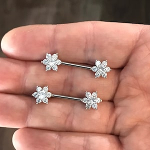 NEW - 2pcs 316l Surgical Steel Nipple Piercing -  Sparkly Flower Nipple Barbell - Sexy Body Piercing - Crystal Flower Nipple Jewelry