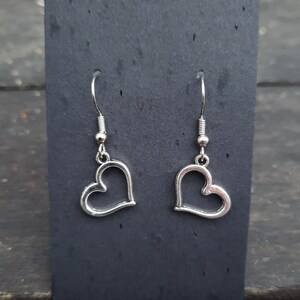 Open Heart Earrings, Dangle Silver Charm, Handmade, Ear Wire Closure, Perfect Valentines Day Gift, For Her, Love