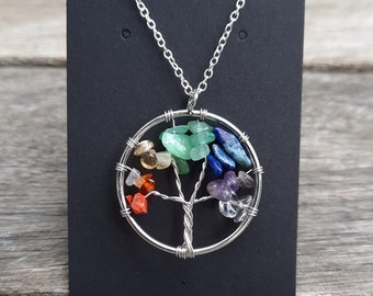 Chakra Gemstone Tree of Life Pendant, Silver Wire Necklace