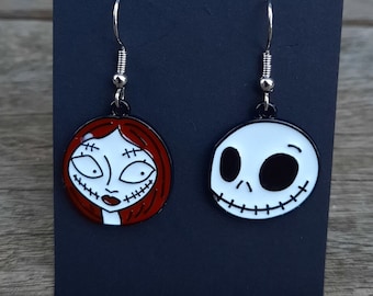Jack & Sally, Nightmare Before Christmas, Enamel Charm Dangle Earrings, Jack Skellington, Black Back, Silver Ear Wire, Halloween, NBC, X-Mas