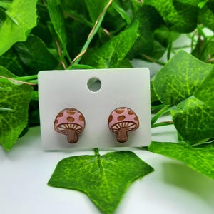 Handmade Wooden Mushroom Stud Earrings, Customizable Colors Pastel Pink