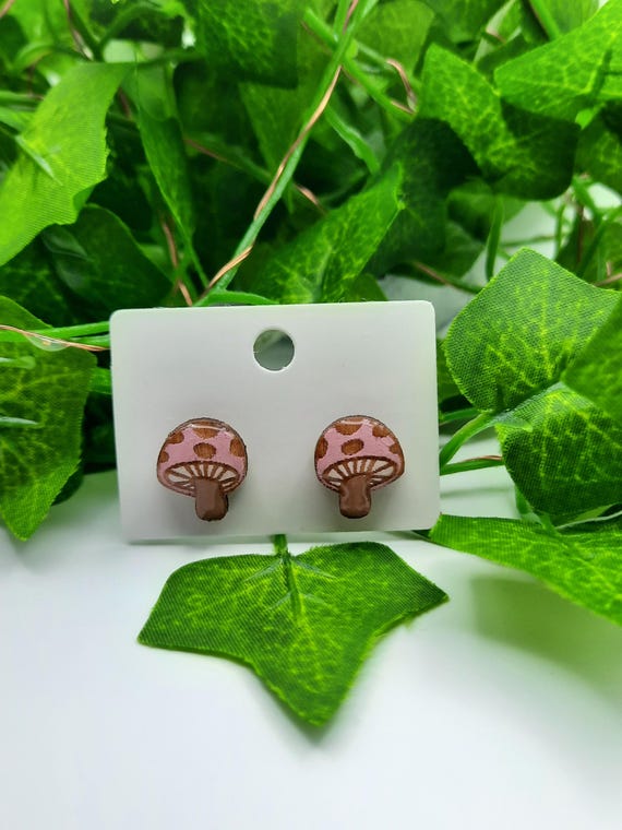 Handmade Wooden Mushroom Stud Earrings, Customizable Colors