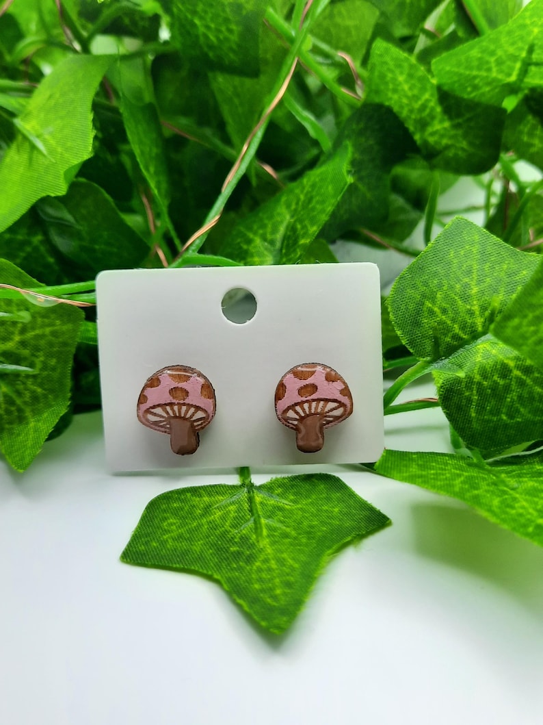 Handmade Wooden Mushroom Stud Earrings, Customizable Colors Pastel Pink