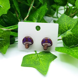 Handmade Wooden Mushroom Stud Earrings, Customizable Colors Purple
