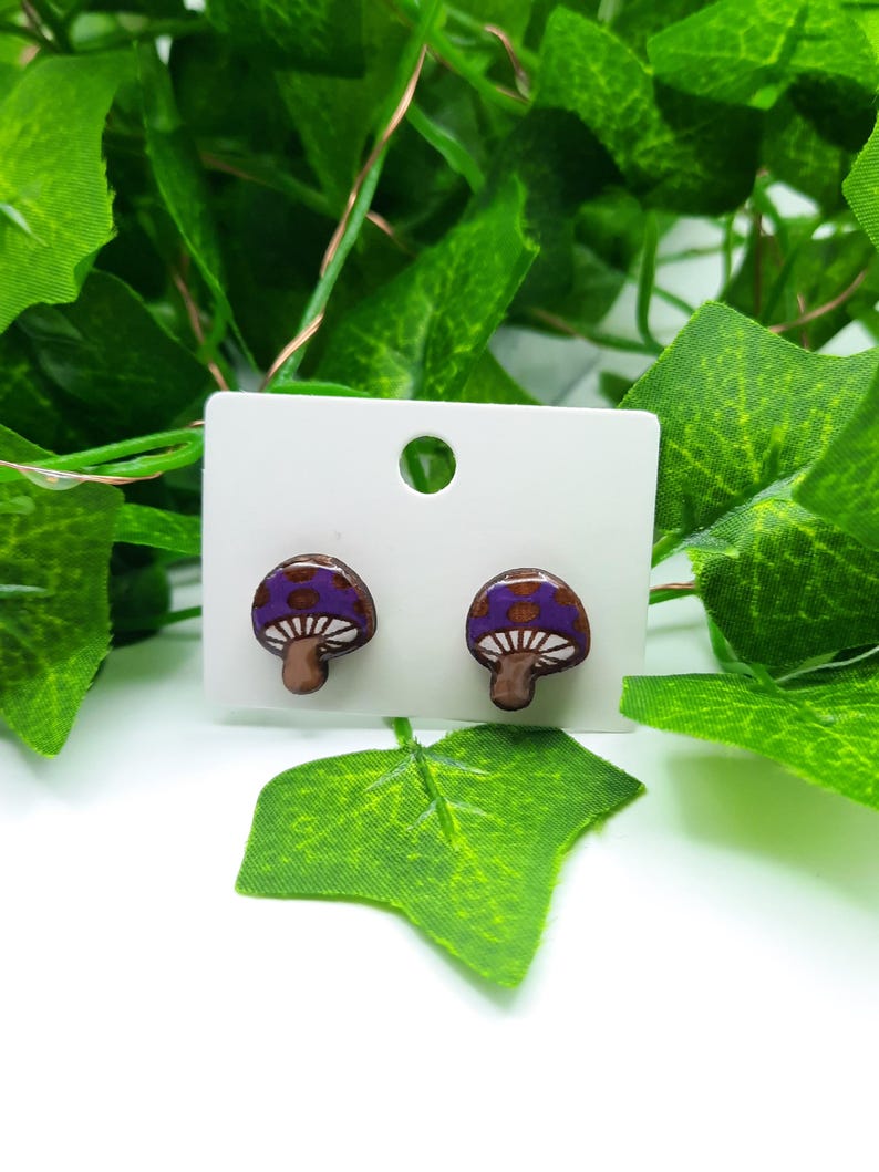 Handmade Wooden Mushroom Stud Earrings, Customizable Colors Purple