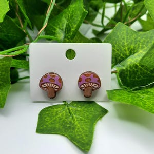 Handmade Wooden Mushroom Stud Earrings, Customizable Colors Pastel Purple
