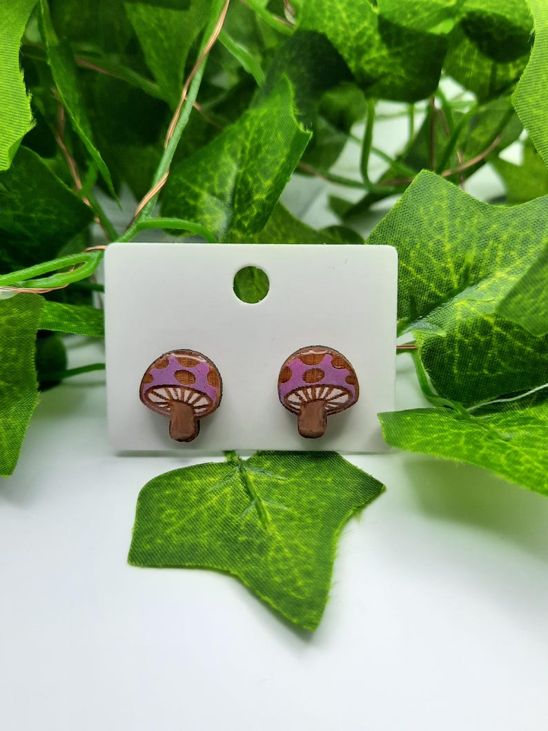Handmade Wooden Mushroom Stud Earrings, Customizable Colors Pastel Purple