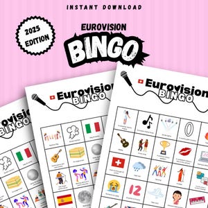 EuroVision Bingo 2025 Fan Bingo Karten - 15 Blatt - Spiele Arbeitsblätter Party Fun Download Instant PDF