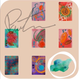 Może przedstawiać: Zestaw 6 abstrakcyjnych obrazów akwarelowych z kolorowymi wirami, kropkami i liniami. Obrazy znajdują się na jasnobrązowym tle z podpisem i tekstem "Bluegreen Studio".