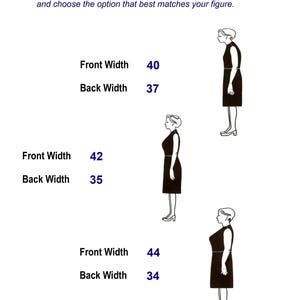 May include: A sizing chart featuring three black silhouettes of figures in dresses. Text reads: Body proportions can vary even within the same size range. Some people have a broader back, others have a more prominent bust. Front Width 40, Back Width 37; Front Width 42, Back Width 35; Front Width 44, Back Width 34.
