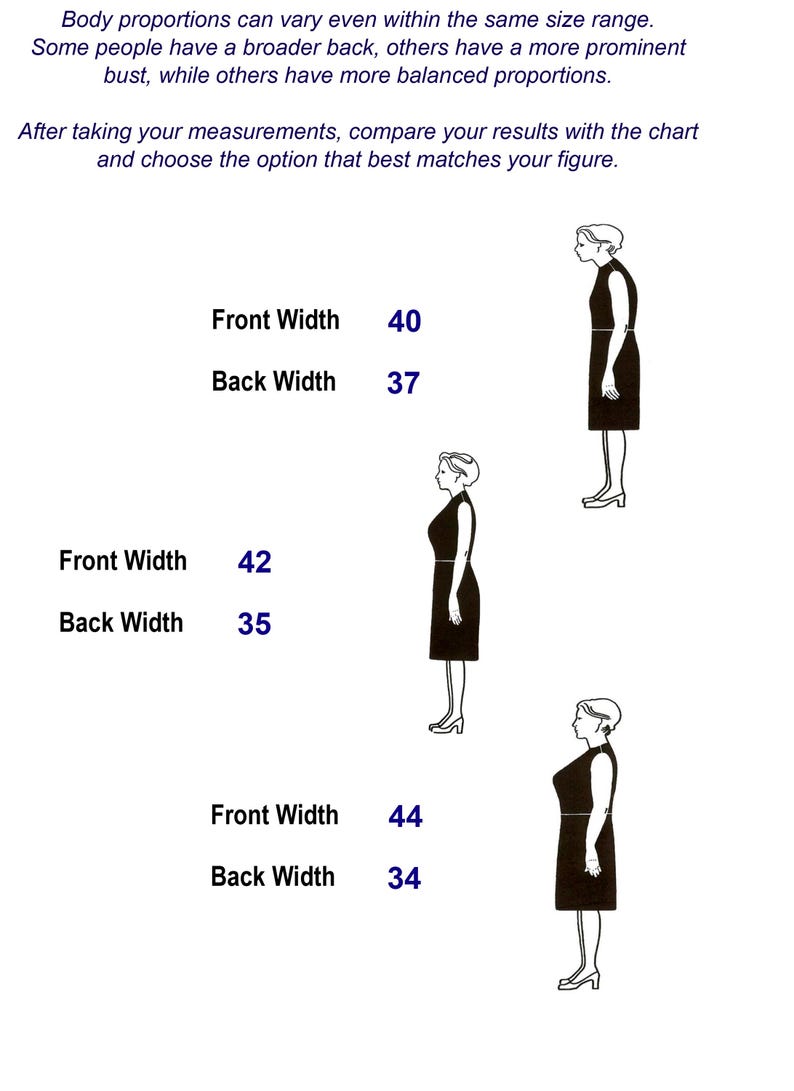 May include: A sizing chart featuring three black silhouettes of figures in dresses. Text reads: Body proportions can vary even within the same size range. Some people have a broader back, others have a more prominent bust. Front Width 40, Back Width 37; Front Width 42, Back Width 35; Front Width 44, Back Width 34.