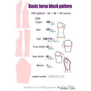 May include: A basic torso block pattern PDF for A4, A0, and US Letter sizes. The graphic displays pink pattern pieces, body measurement diagrams with labels for height 165 cm (5'5"), bust 100 cm (39.3 in), hips 106-112 cm (41.7-44.1 in), and pattern number 10042351112.