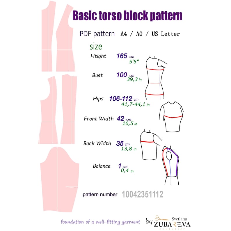 May include: A basic torso block pattern PDF for A4, A0, and US Letter sizes. The graphic displays pink pattern pieces, body measurement diagrams with labels for height 165 cm (5'5"), bust 100 cm (39.3 in), hips 106-112 cm (41.7-44.1 in), and pattern number 10042351112.