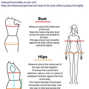 May include: An instructional diagram with black line drawings showing how to measure the bust and hips. Text includes: Correct body measurements are the foundation of a well-fitting garment. Bust. Measure around the fullest part of the bust. Hips.