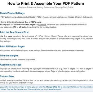 May include: A black and white instructional guide titled How to Print & Assemble Your PDF Pattern by Svetlana Zubareva Sewing Patterns. It outlines six steps for printing, trimming, assembling, and sewing using A4 or US Letter paper sizes.