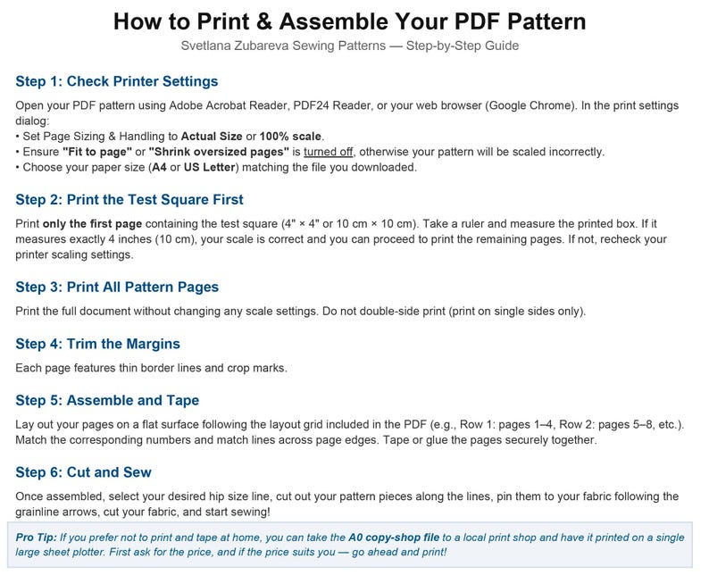May include: A black and white instructional guide titled How to Print & Assemble Your PDF Pattern by Svetlana Zubareva Sewing Patterns. It outlines six steps for printing, trimming, assembling, and sewing using A4 or US Letter paper sizes.