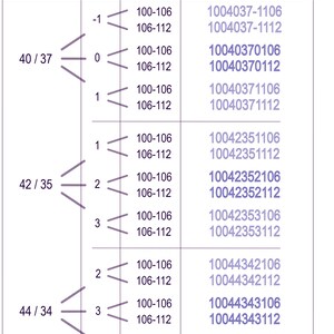 May include: A technical sizing chart titled Bust 100, featuring a table with columns for Wront Width, Dfck Width, Balance, Hips, and pattern number. The chart displays numerical data and specific pattern codes organized in rows and sections.