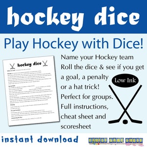 Può includere: Un gioco stampabile chiamato "Hockey Dice" con istruzioni su come giocare. Il gioco è perfetto per i gruppi e include un foglio di trucchi e un foglio di punteggio. L'immagine presenta una grafica di bastone da hockey e disco.