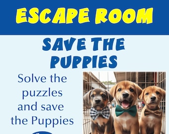 子供向けパーティーゲーム「エスケープルーム」、子犬を救う誕生日パーティーゲーム、子供向けミステリーゲーム、印刷可能なエスケープルームキット、家族向けゲームナイト