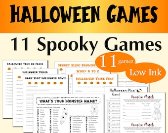 May include: A digital download of 11 Halloween party games for kids. The games include Halloween True or False, Halloween Trivia, Name That Halloween Movie, Spooky Blind Drawing, Scary A to Z, Halloween Think Fast, What's Your Monster Name?, Halloween Dice Game, and Vampire Match. The games are designed to be low ink and easy to print.