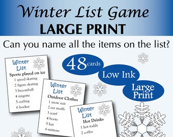 Large Print Printable Winter List Word Game, Winter Outburst Game, Family Game Night Board Game, Printable Winter party game