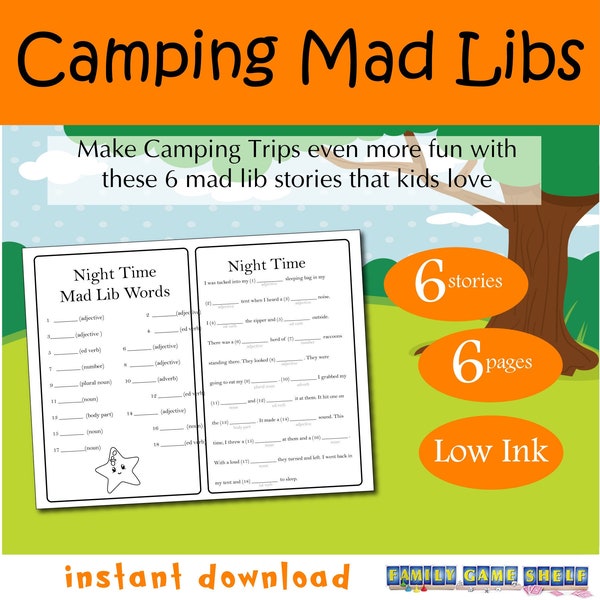 Printable Camping Mad Libs Stories for kids, Camping Printable, Kids Camping printable, Summer printable story