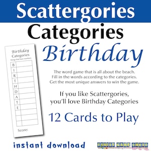 Printable Birthday Scattergories Categories Board Game, Birthday party printable, adult birthday party game, teen birthday party game