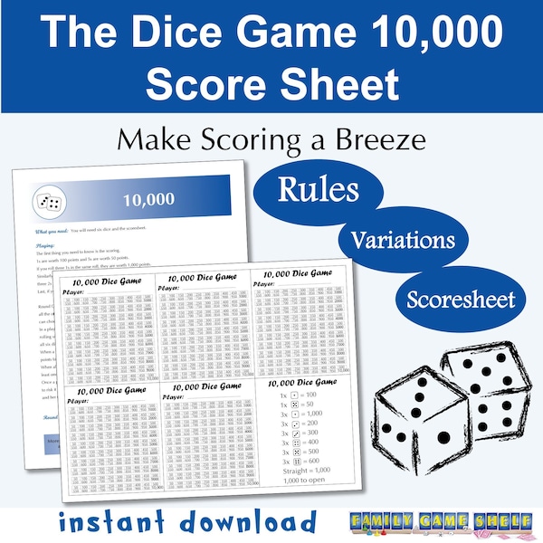 Printable Rules and Score Sheet for The Dice Game 10,000 for easy marking