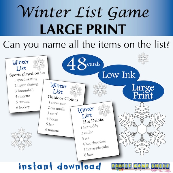 Large Print Printable Winter List Word Game, Winter Outburst Game, Family Game Night Board Game, Printable Winter party game