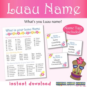 Luau Printable What&#39;s Your Luau Name, Party Printable name tag, luau birthday party
