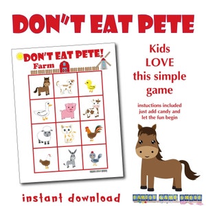 Afdrukbaar spel met thema Don&#39;t Eat Pete Farm voor kinderen, peuterspel, boerderijspel, snoepspel, verjaardagsfeestje, dierenspel afdrukbaar