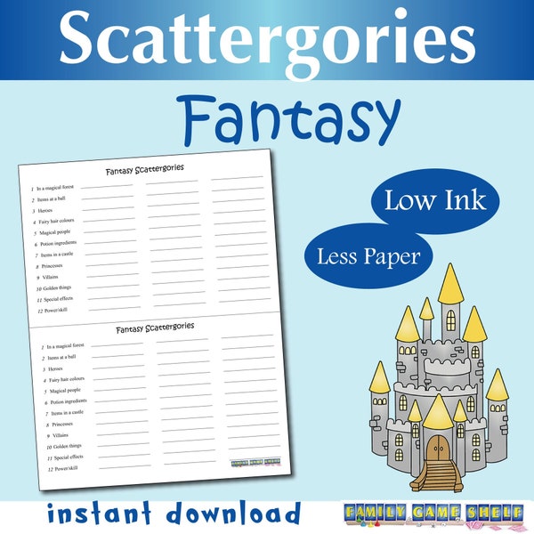 Printable Fantasy Scattergories Game, Fairytale themed party game, printable Scattergories game, Fairytale Scattergories family game night