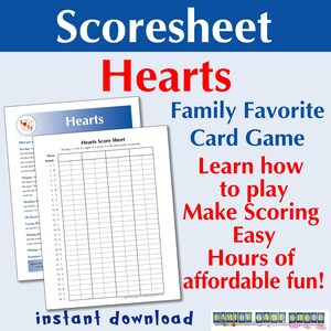 Hoja de puntuación del juego de cartas de corazones imprimible, tarjeta de puntuación de corazones, bloc de puntuación de corazones para la noche de juegos en familia, instrucciones de corazones, direcciones de corazones