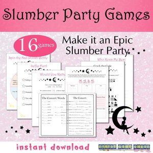 Printable Slumber Party Games, Sleepover party games, Tween Girl Party Games, Preteen Party Games, Birthday party games, Pajama Party Games