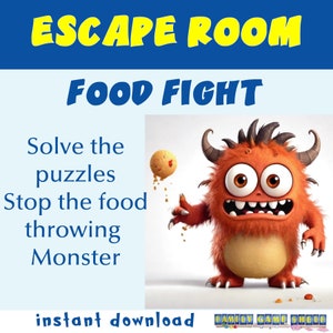 Escape Room voor kinderen afdrukbaar gezelschapsspel, voedselgevechtspel, verjaardagsfeestjespellen, kinderpuzzels, afdrukbare escape room kit, familiespelavond