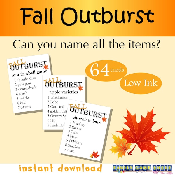 Printable Fall Outburst Game, Fall themed Outburst cards, Fall party game, family game night board game