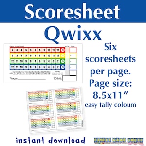 Qwixx Würfelspiel Scoresheets zum Ausdrucken, Quixx Würfelspiel, Scorekarte für den Familienspielabend