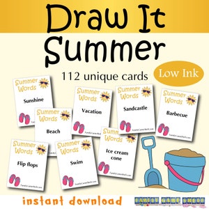 Juego de palabras de verano, Pictionary de verano, Charadas de verano, Juego de verano imprimible, Juego de verano imprimible para la noche de juegos familiares, Juego de mesa familiar