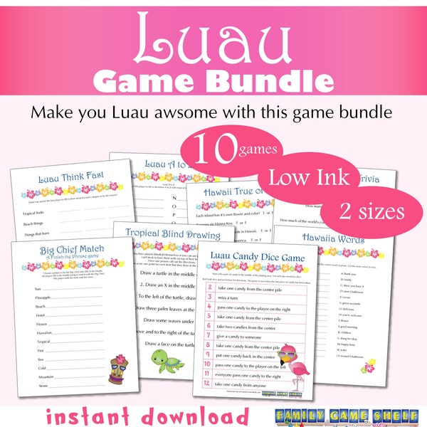 Luau Party Game Bundle, Printable Luau Games, Luau Party Games for family game night, Hawaiian Party games, Hawaii Party games