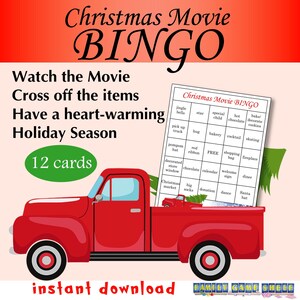 Printable Christmas Movie Bingo Game, Christmas Movie night party game, Holiday Bingo, Christmas Bingo game, Fun Christmas game